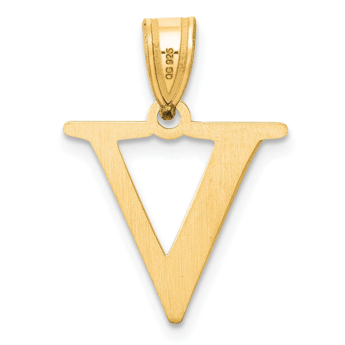 A gold pendant shaped like an inverted triangle with a triangular cutout in the center, shown suspended from a gold bail with a small stamped hallmark.