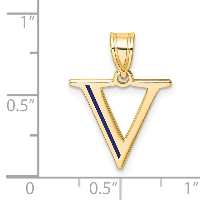 Gold triangle pendant with dark blue enamel stripe down the left side, shown next to a ruler measuring approximately one inch tall.