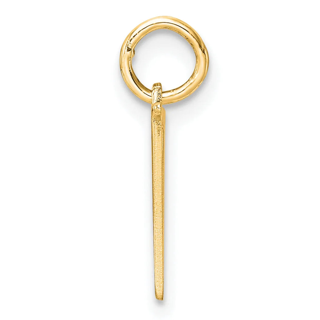 A gold pendant consisting of a circular loop at the top connected to a long tapered shaft, displayed against a white background.
