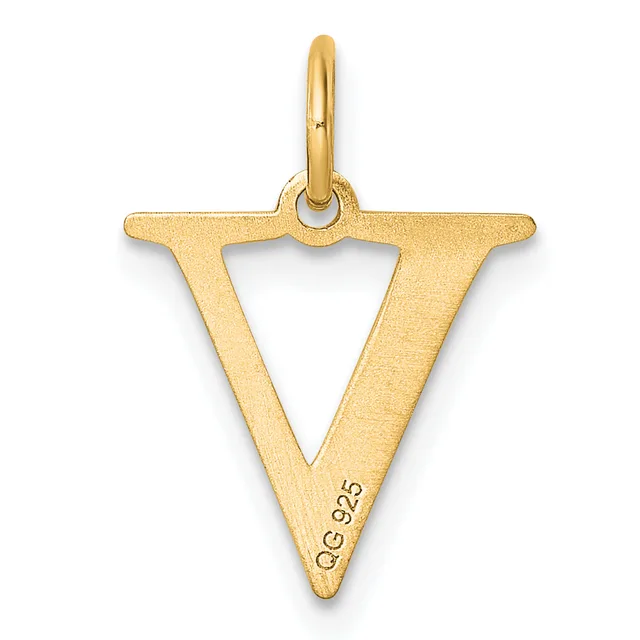 Gold letter V pendant with a polished finish, featuring a small stamped hallmark near the bottom and a loop bail at the top.