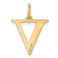 Gold letter V pendant with a polished finish, featuring a small stamped hallmark near the bottom and a loop bail at the top.