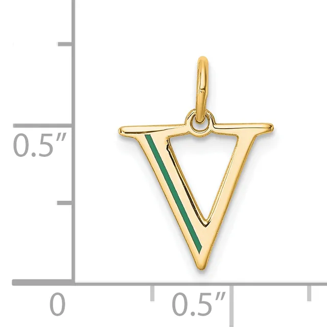 Gold triangular pendant with green enamel stripe detail, shown next to a ruler indicating approximately 0.5 inches in height.