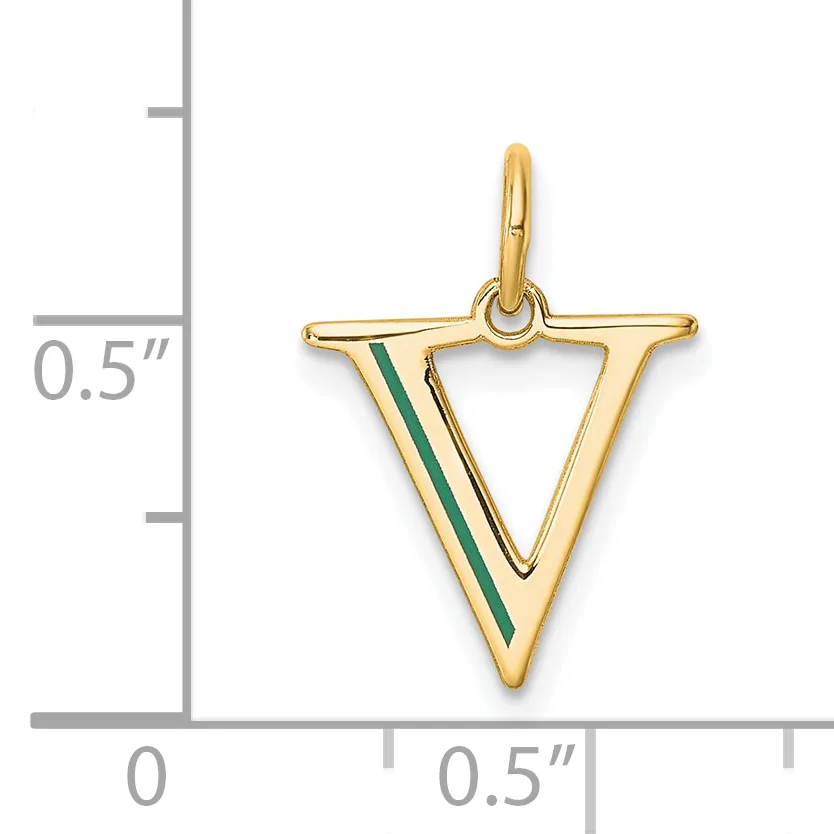 Gold triangular pendant with green enamel stripe detail, shown next to a ruler indicating approximately 0.5 inches in height.