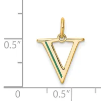 Gold triangular pendant with green enamel stripe detail, shown next to a ruler indicating approximately 0.5 inches in height.