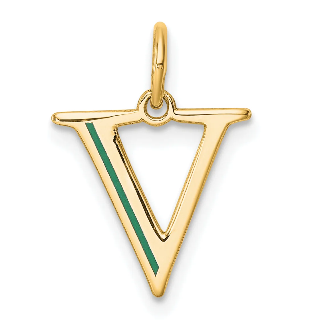 A gold triangular pendant with a green enamel stripe on the left side, featuring a small loop at the top for attachment to a chain.