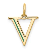 A gold triangular pendant with a green enamel stripe on the left side, featuring a small loop at the top for attachment to a chain.