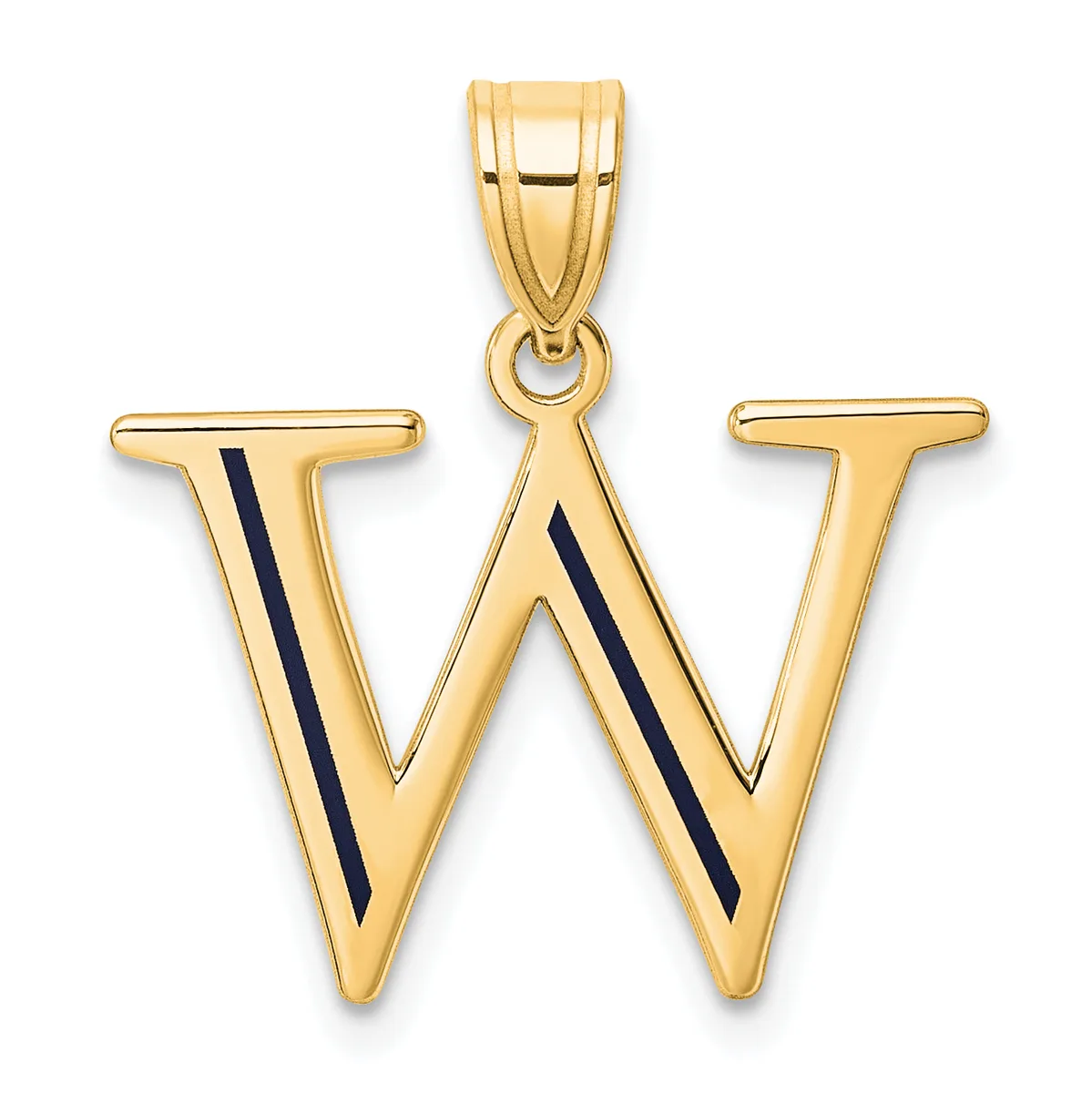 Gold letter W pendant with black enamel diagonal stripe detail and attached bail, shown against a white background.