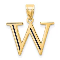 Gold letter W pendant with black enamel diagonal stripe detail and attached bail, shown against a white background.