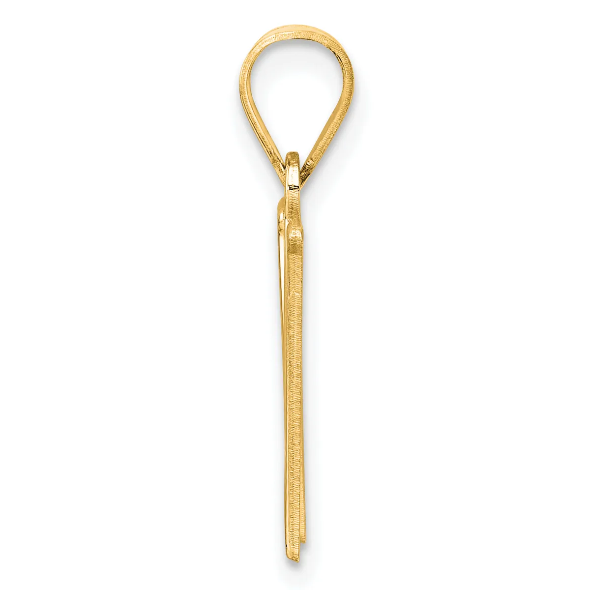 A gold-colored metal pendant with a teardrop-shaped loop at the top and a long tapered shaft below, shown against a white background.