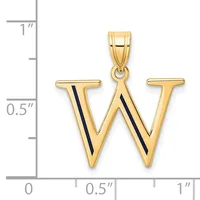 Gold letter W pendant with black enamel diagonal stripes, shown next to a ruler for scale, approximately one inch tall.