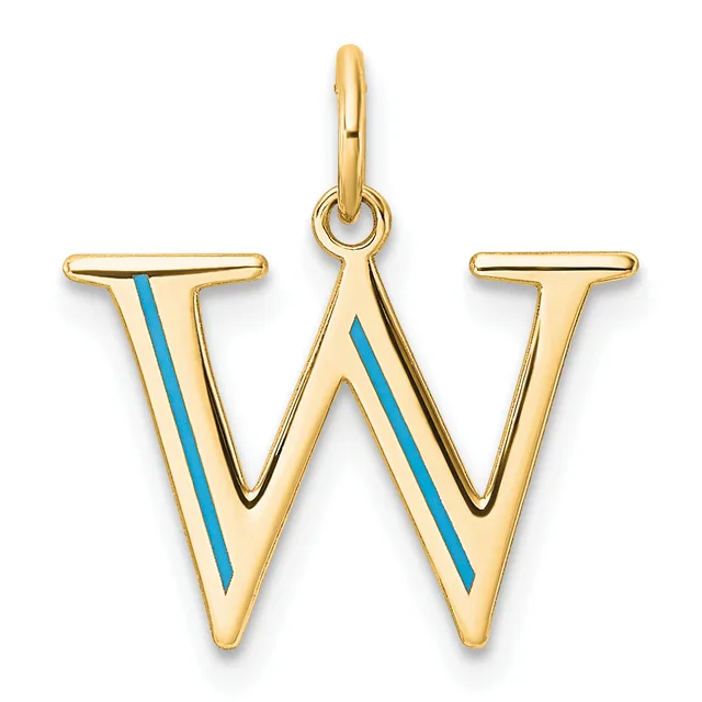 Gold letter W pendant with blue enamel stripes running diagonally through each side, suspended from a gold bail.