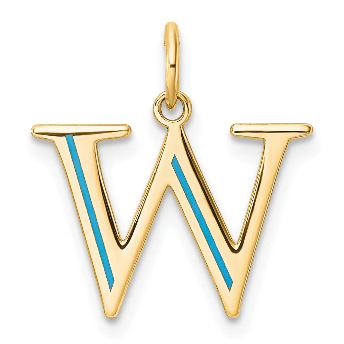 Gold letter W pendant with blue enamel stripes running diagonally through each side, suspended from a gold bail.