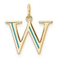 Gold letter W pendant with blue enamel stripes running diagonally through each side, suspended from a gold bail.