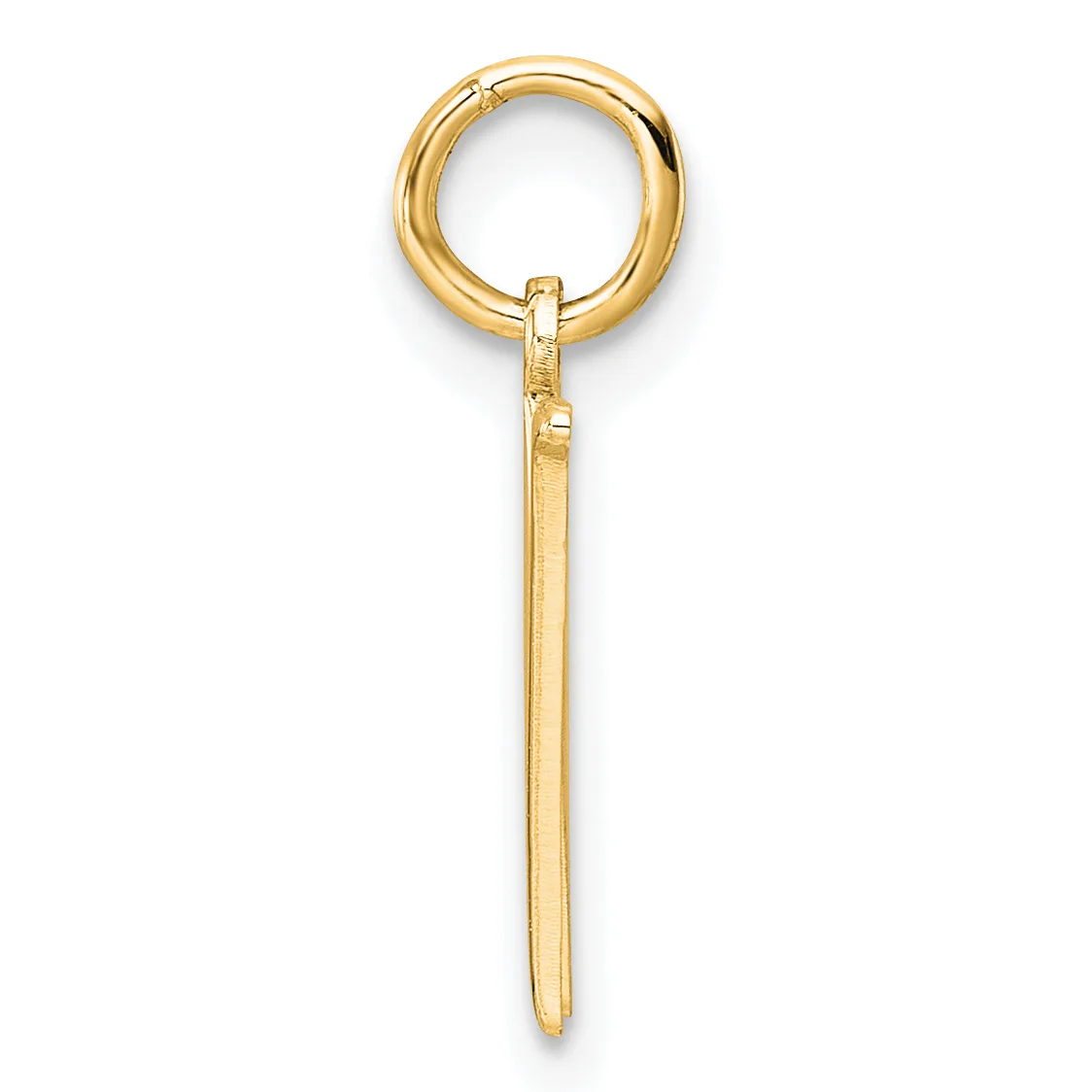 A gold-toned metal charm holder consisting of a circular ring at the top connected to an elongated rectangular pendant bar below.
