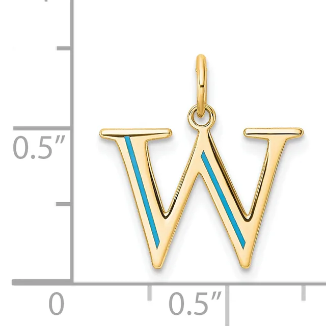 Gold letter W charm with turquoise enamel stripes and a small loop at the top, shown next to a ruler indicating approximately 0.5 inches in height and width.