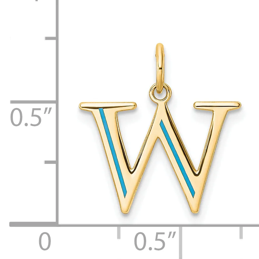Gold letter W charm with turquoise enamel stripes and a small loop at the top, shown next to a ruler indicating approximately 0.5 inches in height and width.