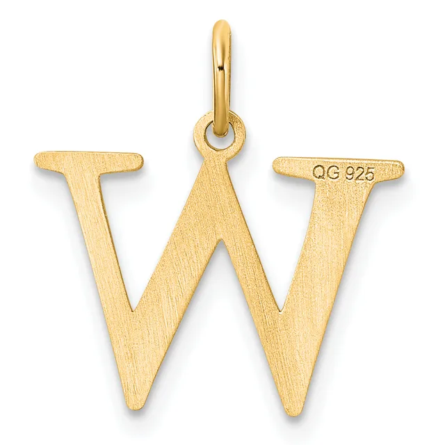 Gold letter W pendant with a brushed matte finish and a small stamped hallmark, suspended from a polished bail.