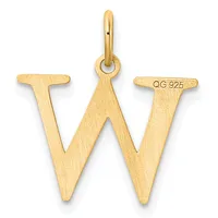 Gold letter W pendant with a brushed matte finish and a small stamped hallmark, suspended from a polished bail.