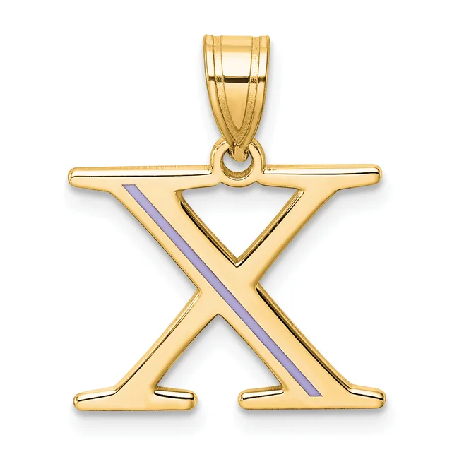 Gold pendant in the shape of the letter X with a purple enamel stripe running diagonally across it, suspended from a gold bail.