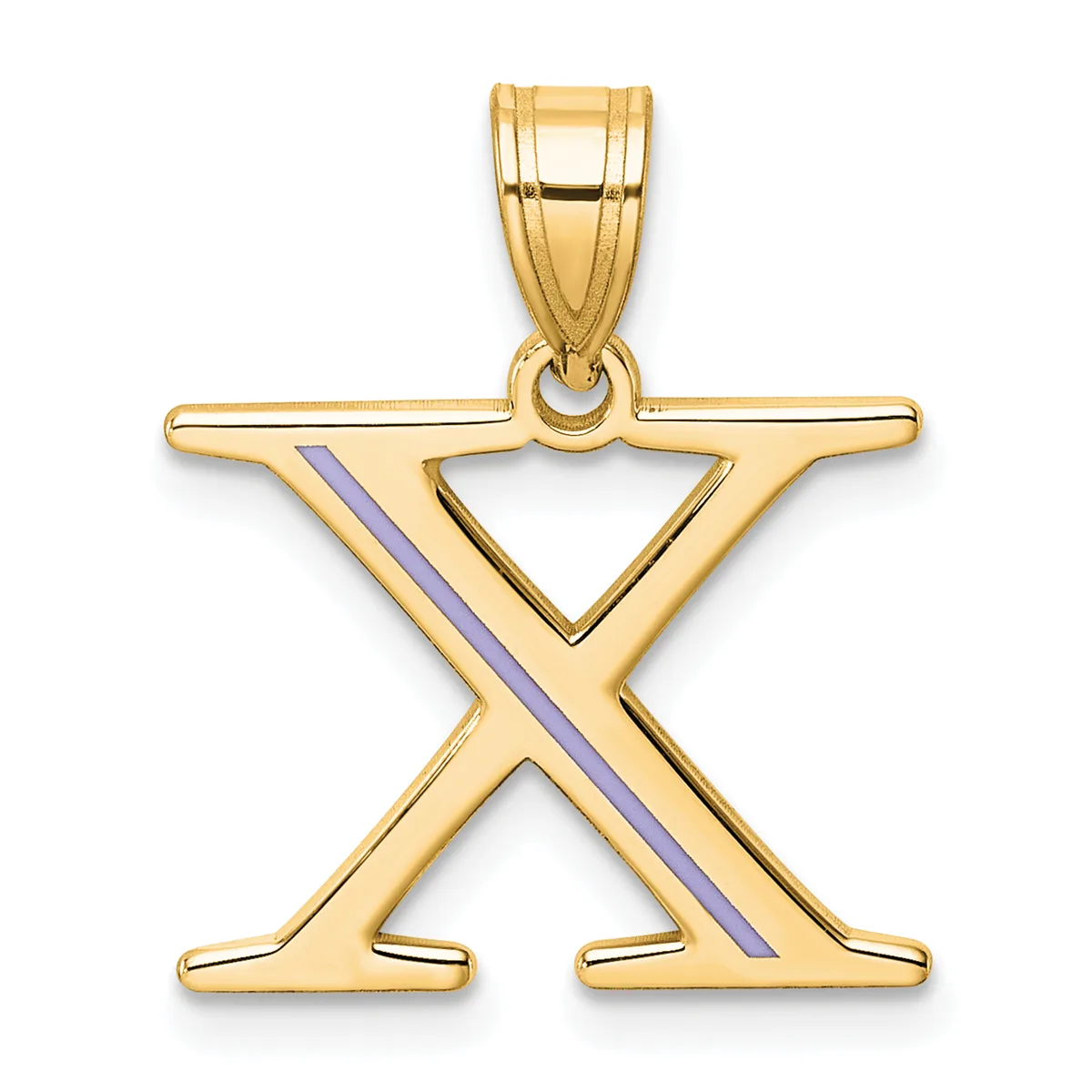 Gold pendant in the shape of the letter X with a purple enamel stripe running diagonally across it, suspended from a gold bail.