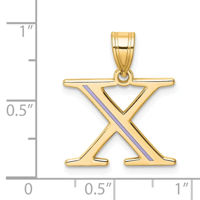 Gold pendant in the shape of the letter X with a purple enamel diagonal stripe, shown next to a ruler indicating approximately one inch in height.