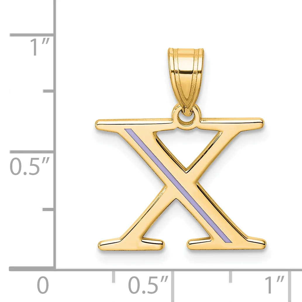Gold pendant in the shape of the letter X with a purple enamel diagonal stripe, shown next to a ruler indicating approximately one inch in height.