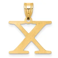 Gold pendant in the shape of the letter X with a rectangular bail at the top and a brushed matte finish.