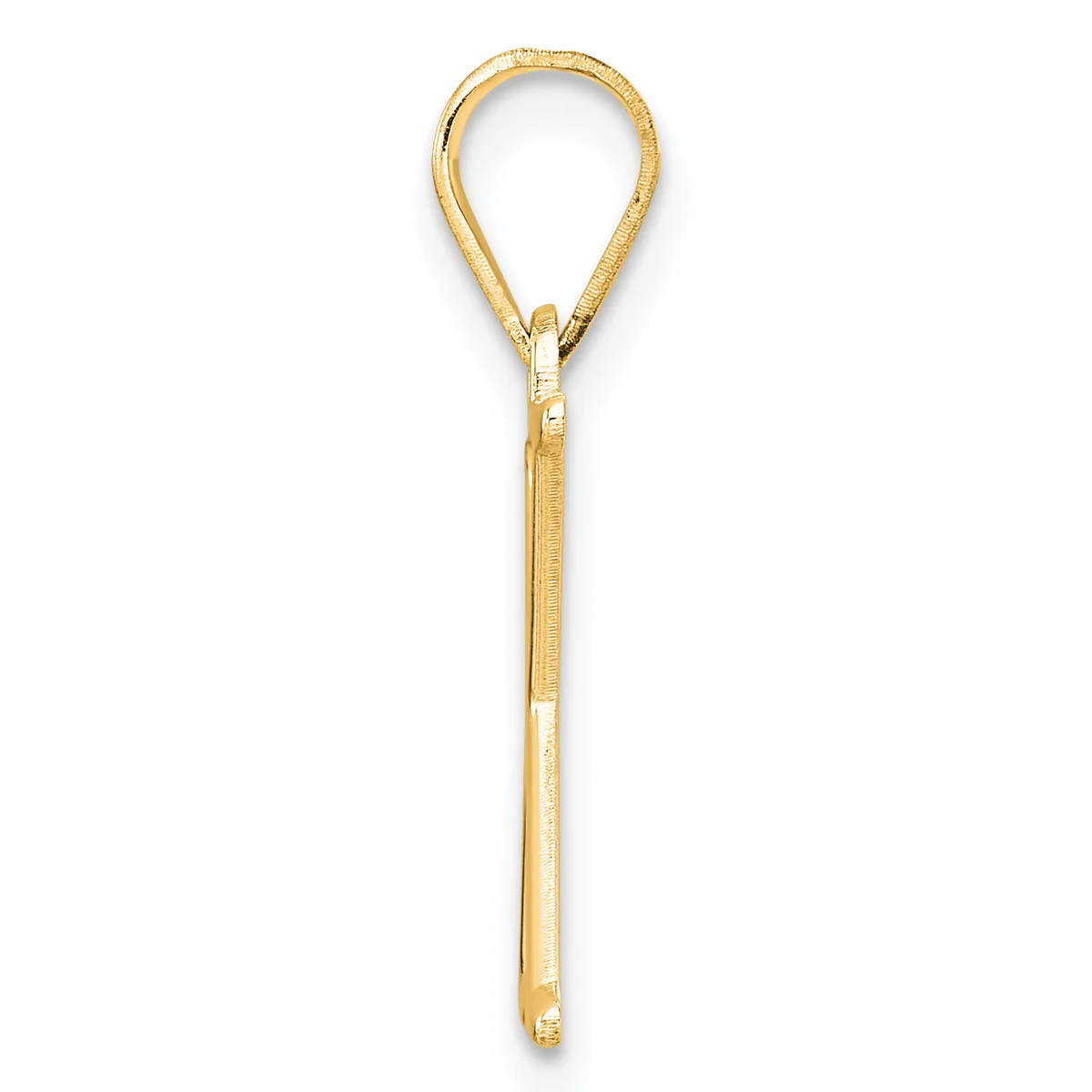 A gold teardrop-shaped pendant with a long stem and small hallmark, shown against a white background.