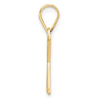 A gold teardrop-shaped pendant with a long stem and small hallmark, shown against a white background.
