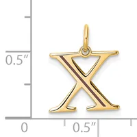 Gold letter X pendant with brown enamel diagonal stripe, shown next to ruler indicating approximately 0.5 inches in width.