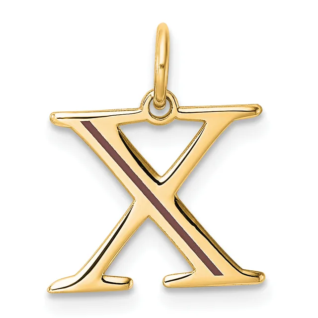 Gold letter X pendant with cutout triangular design and dark enamel stripe, shown suspended from a loop bail.
