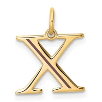Gold letter X pendant with cutout triangular design and dark enamel stripe, shown suspended from a loop bail.