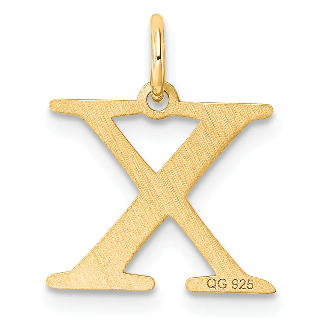 Gold pendant in the shape of a stylized letter X with a brushed matte finish and a small loop at the top for hanging.