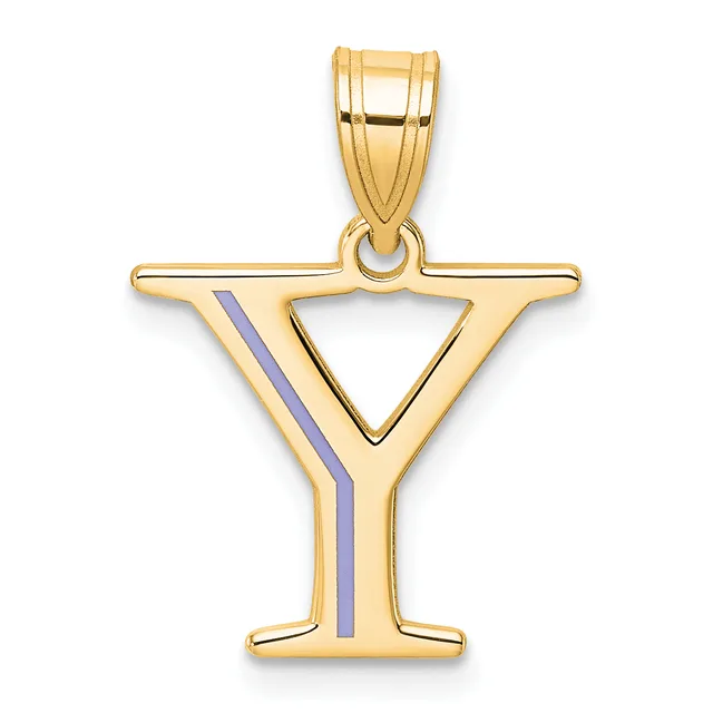Gold cocktail glass pendant with a triangular bowl, long stem with purple enamel stripe detail, and bail loop at top.