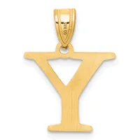 A gold letter Y pendant with a triangular cutout in the center and a small stamped hallmark on the bail.