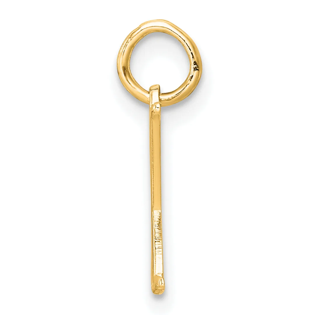 A gold-toned metal pendant charm consisting of a circular loop at the top connected to a long rectangular bar with a small stamped hallmark, shown against a white background.