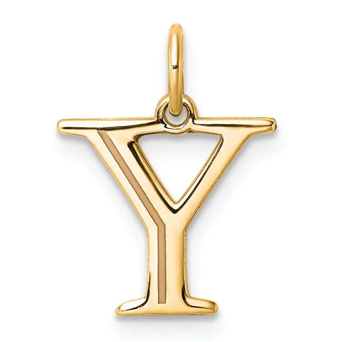 Gold pendant shaped like the letter Y with a triangular cutout at the top and a small loop for hanging.