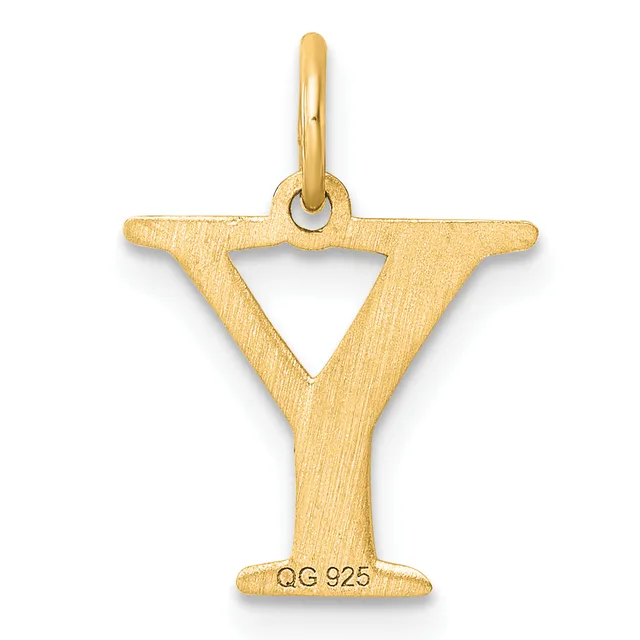 A gold pendant shaped like the letter Y with a triangular cutout in the center and a small stamped hallmark on the base.