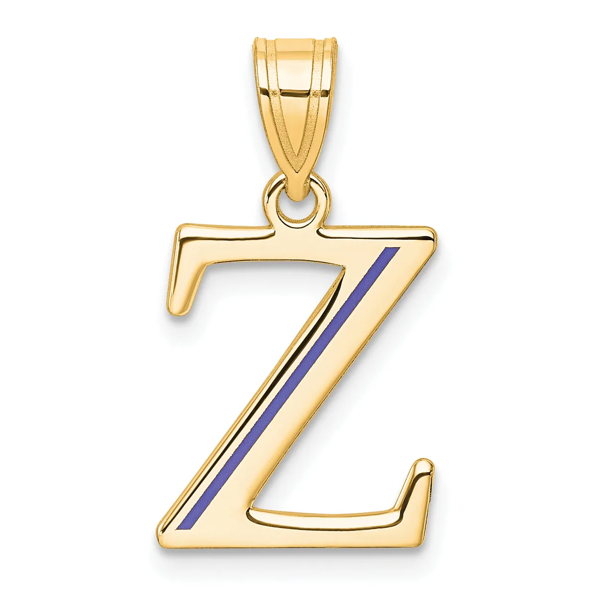 Gold letter Z pendant with blue enamel diagonal stripe down the center, suspended from a gold bail.