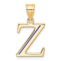 Gold letter Z pendant with blue enamel diagonal stripe down the center, suspended from a gold bail.