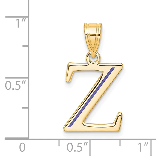 Gold letter Z pendant with blue enamel stripe, shown next to a ruler measuring approximately 0.75 inches tall.