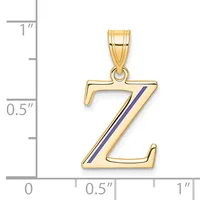Gold letter Z pendant with blue enamel stripe, shown next to a ruler measuring approximately 0.75 inches tall.