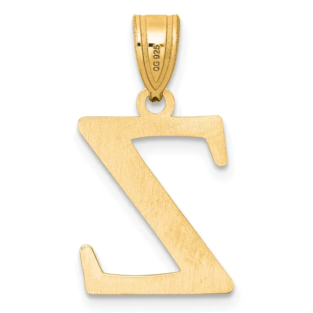 A gold pendant shaped like the letter Z with a brushed finish and a small stamped hallmark on the bail.