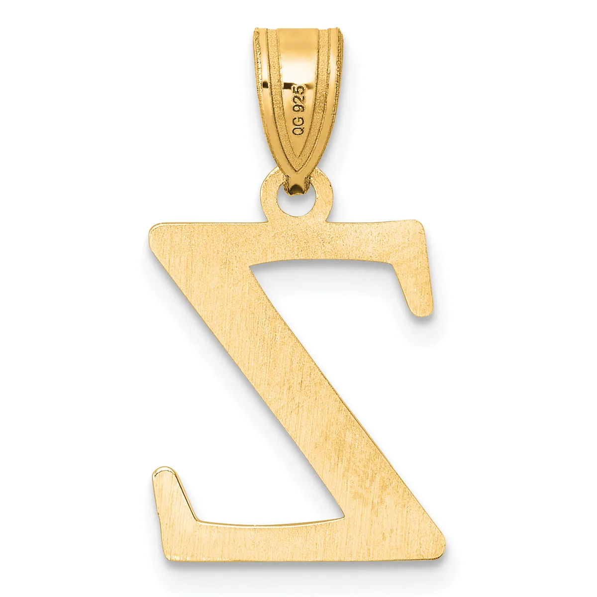 A gold pendant shaped like the letter Z with a brushed finish and a small stamped hallmark on the bail.
