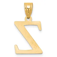 A gold pendant shaped like the letter Z with a brushed finish and a small stamped hallmark on the bail.