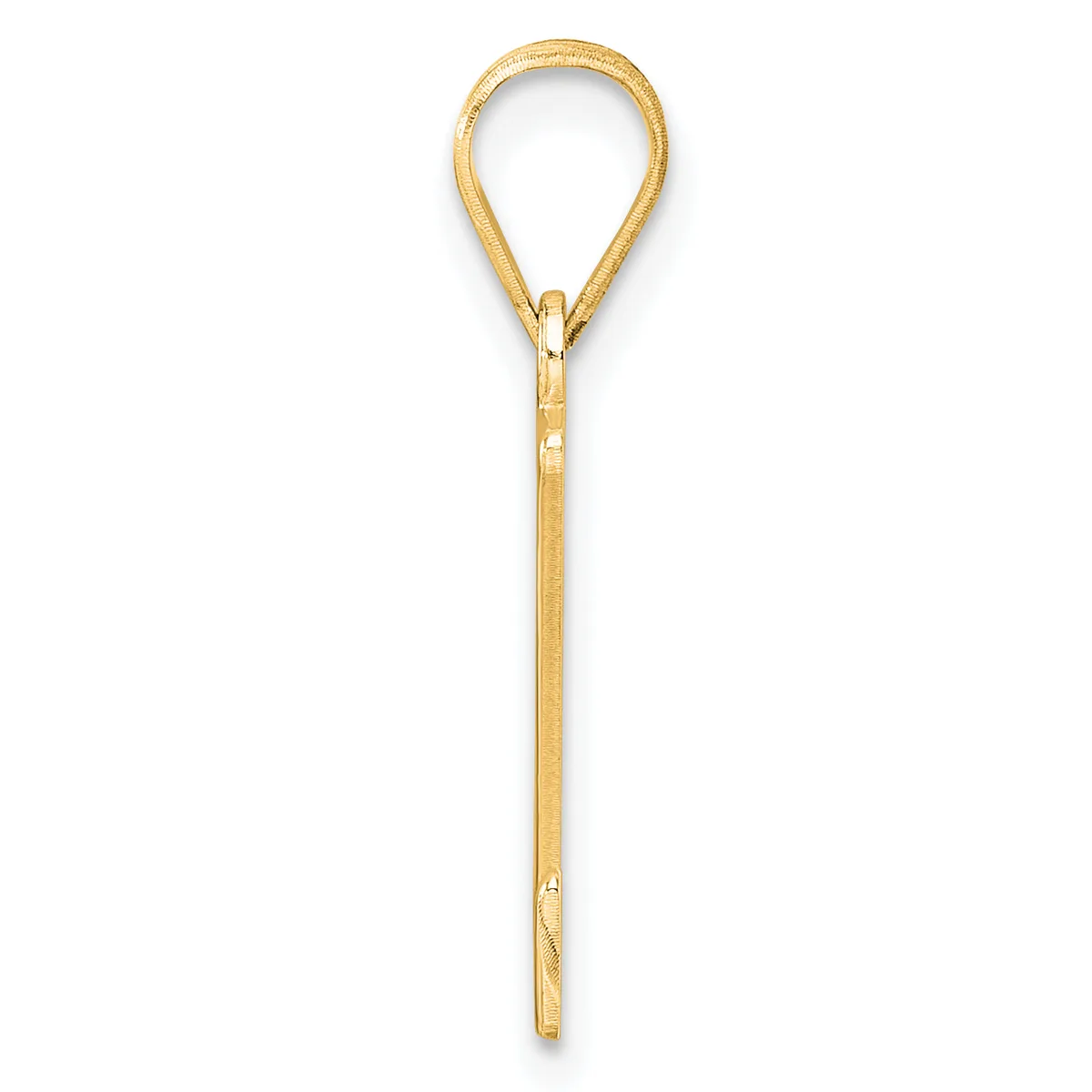A long, slender gold pendant with a teardrop-shaped loop at the top and a pointed shaft extending downward, shown against a white background.