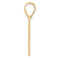 A long, slender gold pendant with a teardrop-shaped loop at the top and a pointed shaft extending downward, shown against a white background.