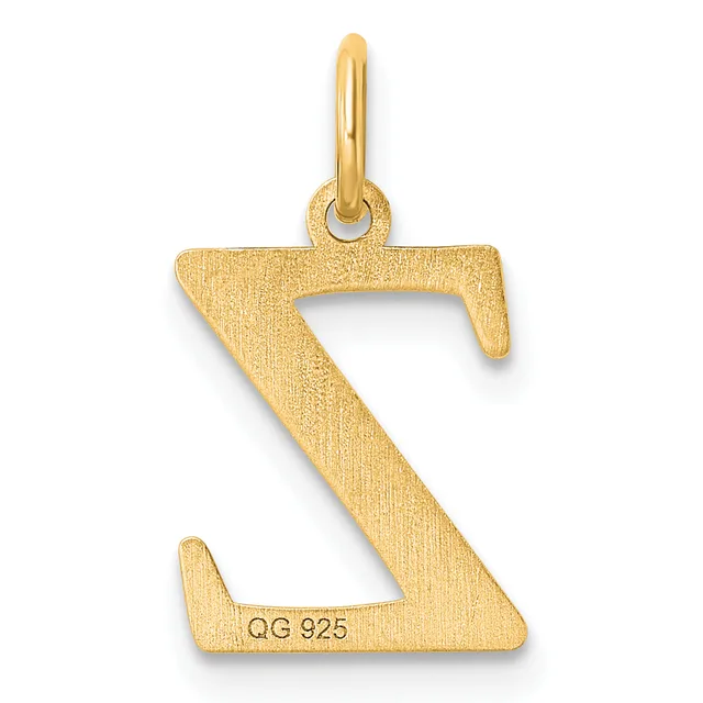 Gold letter Z pendant with a brushed finish and a small stamped hallmark on the lower left, suspended from a polished bail loop.