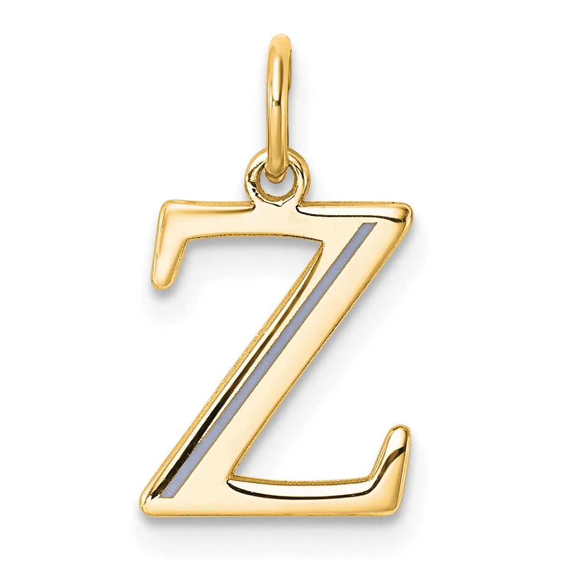 Gold pendant in the shape of the letter Z with a small rhodium stripe running diagonally through the center, attached to a gold bail.