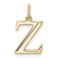 Gold pendant in the shape of the letter Z with a small rhodium stripe running diagonally through the center, attached to a gold bail.